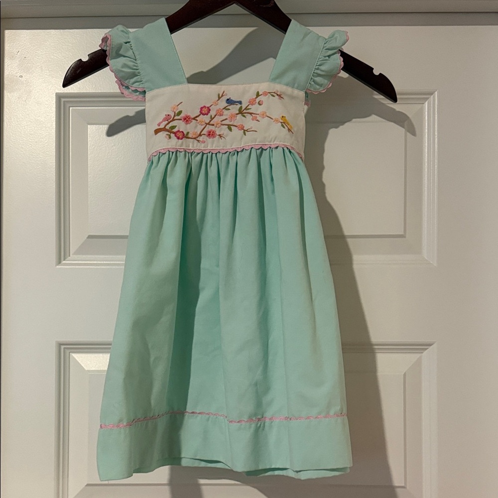 Mint Green / Seafoam Blue Kids Dress with Floral and Birds Embroidery